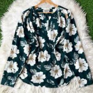 LOFT Dark Green Floral Twist-Front Long Sleeve Top